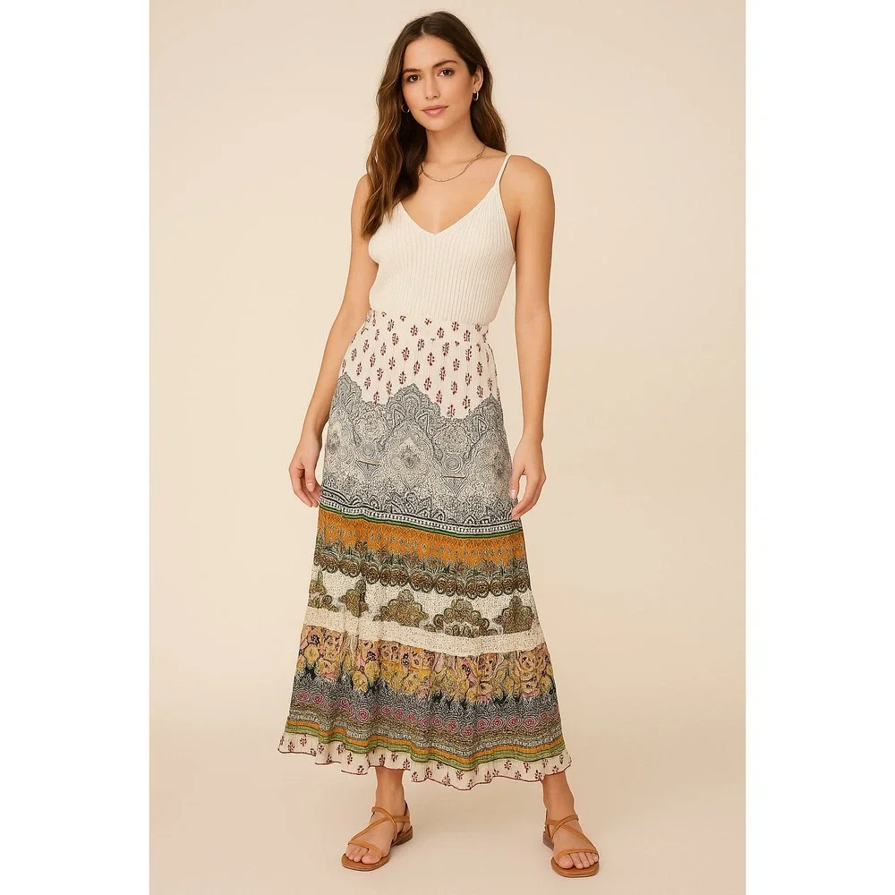 Forbidden Los Angeles Boho Maxi‎ Skirt M Patchwork Paisley Print Embellished
